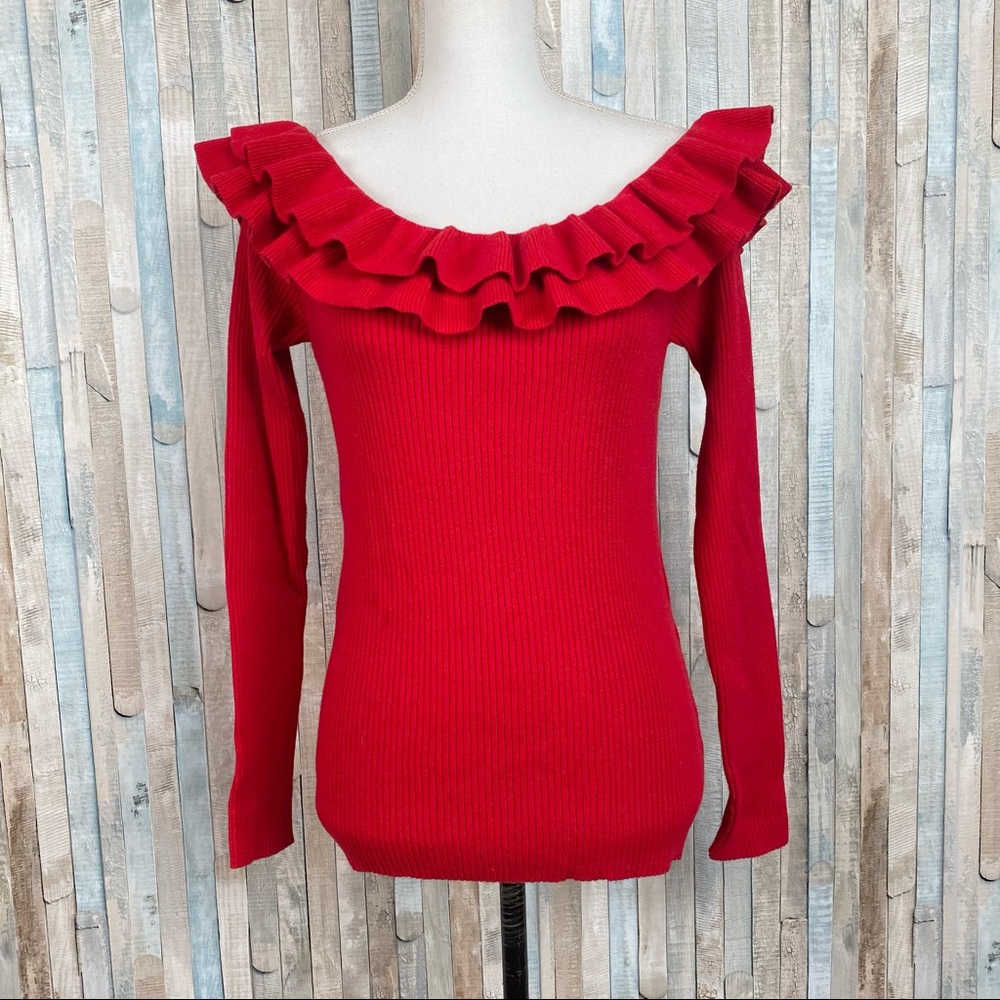 Need Supply M L Stelen Red Ruffle‎ Ribbed Stretch Knit Sweater Off Shoulder